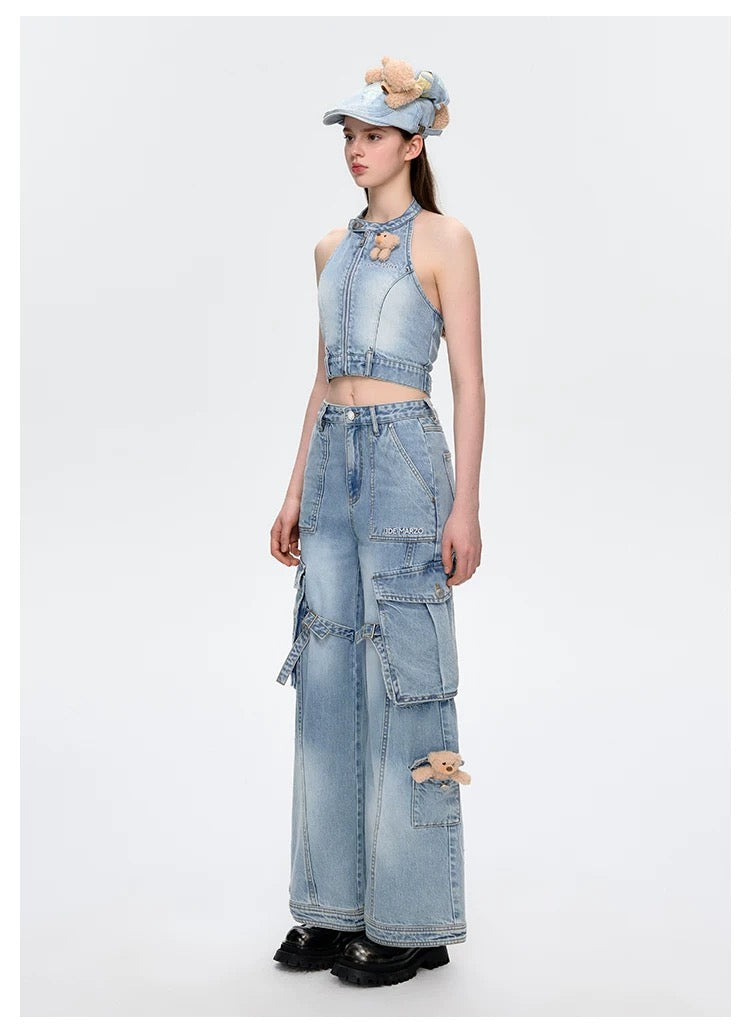 13DE MARZO Halter Denim Top Blue