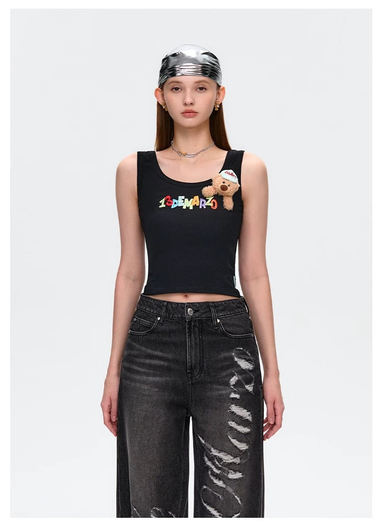 13DE MARZO Embroidered Colour-block Letter Tank Black