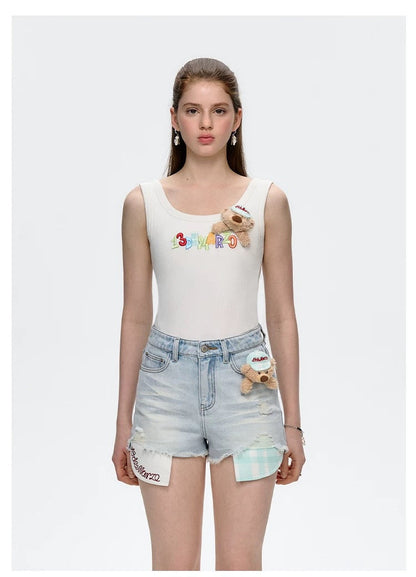 13DE MARZO Embroidered Colour-block Letter Tank Grey White