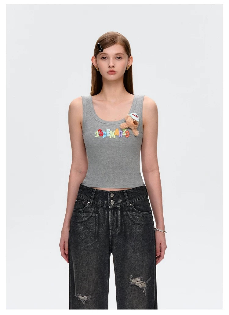 13DE MARZO Embroidered Colour-block Letter Tank Grey