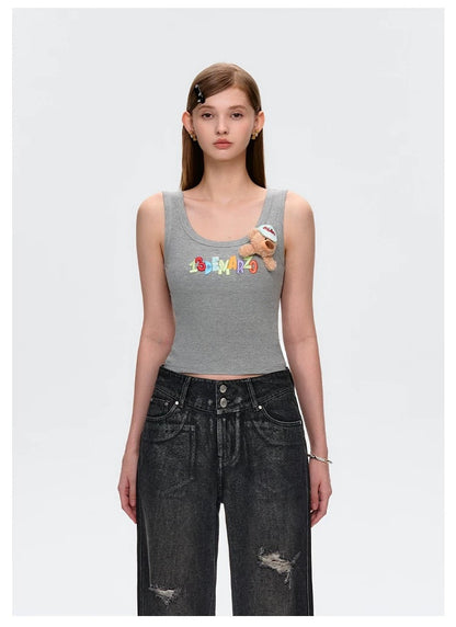 13DE MARZO Embroidered Colour-block Letter Tank Grey