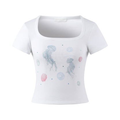 THREE QUARTERS White Square Neck Rhinestone Printed Small Fit T-Shirt