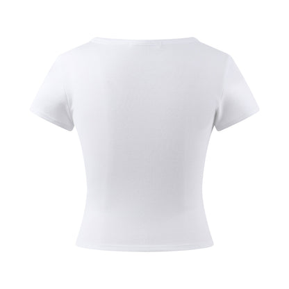 THREE QUARTERS White Square Neck Rhinestone Printed Small Fit T-Shirt