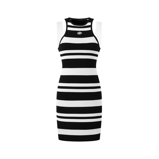 THREE QUARTERS Black and White Patchwork Sleeveless Striped Knit Dress