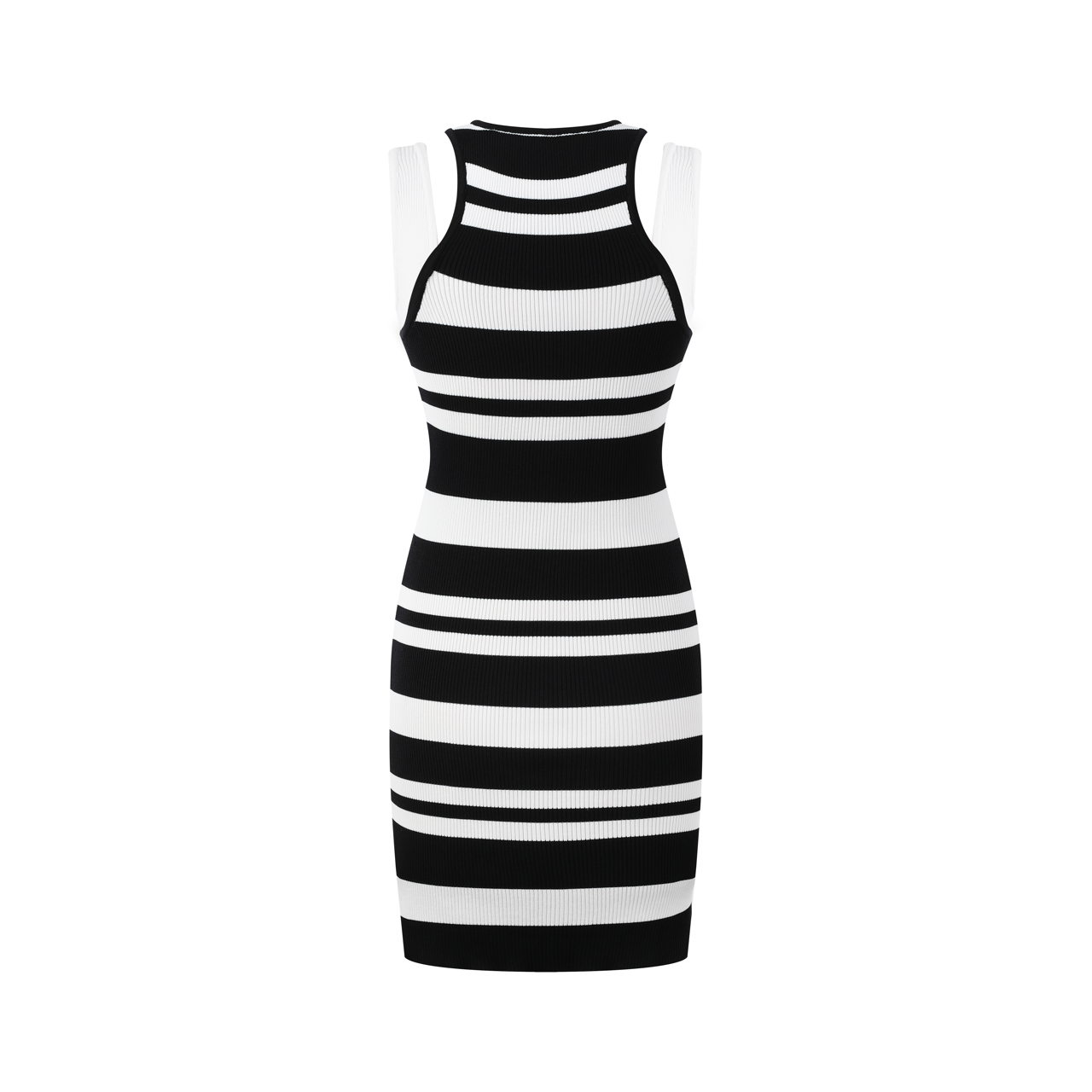 THREE QUARTERS Black and White Patchwork Sleeveless Striped Knit Dress