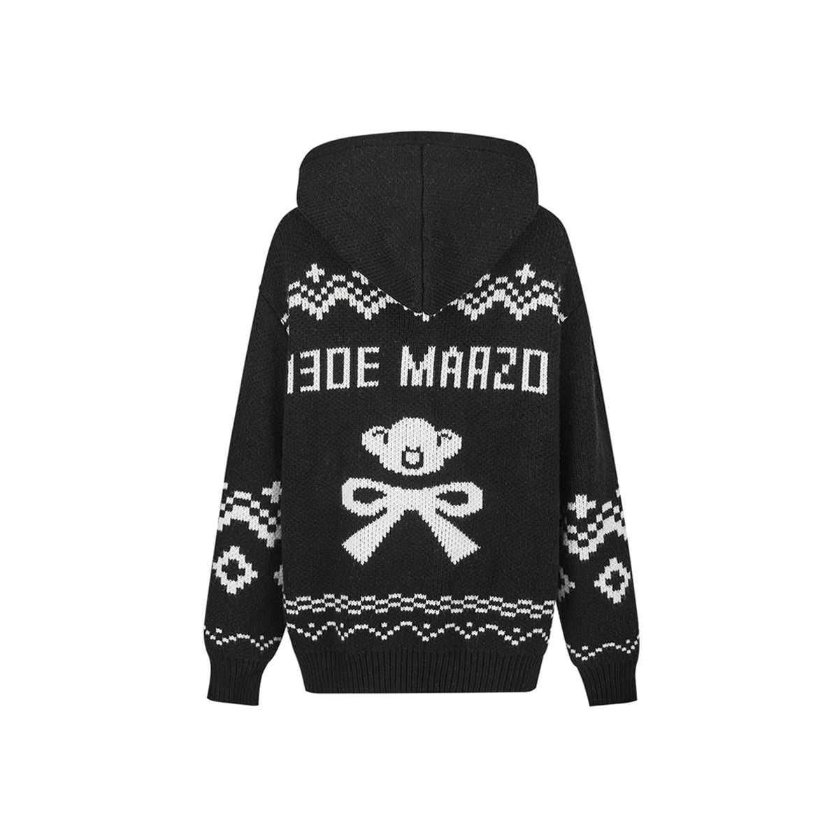 13DE MARZO Fair Isle Bear Zip Knit Hoodie Black