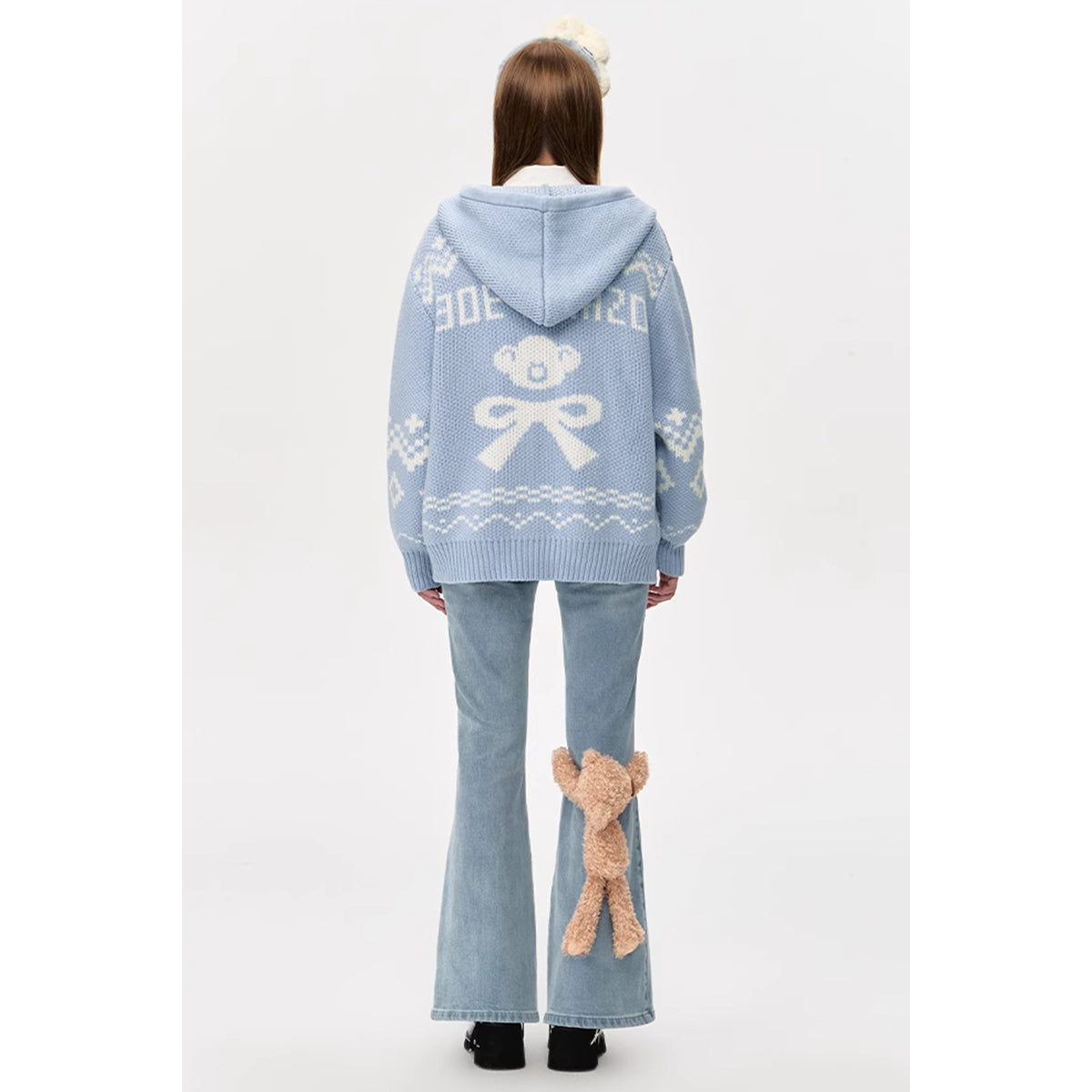 13DE MARZO Fair Isle Bear Zip Knit Hoodie Blue