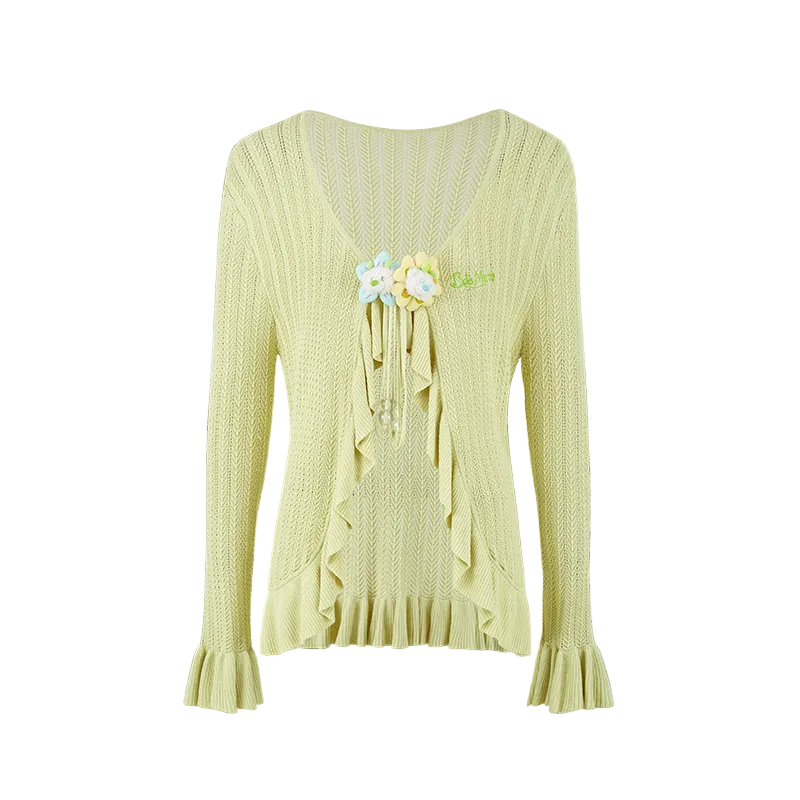13DE MARZO Floral Lines Hollow Cardigan Green