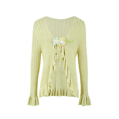 13DE MARZO Floral Lines Hollow Cardigan Green