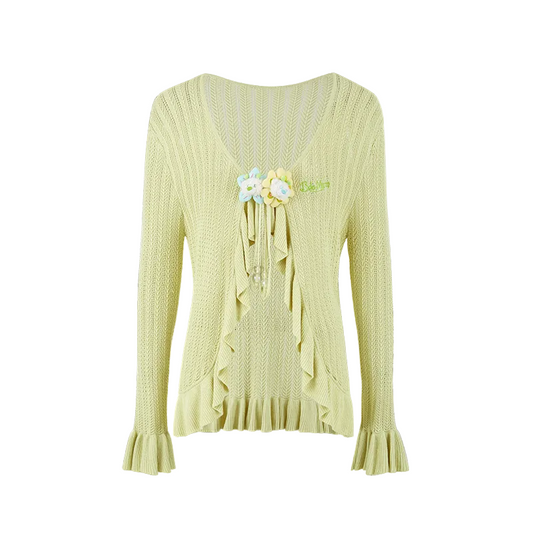 13DE MARZO Floral Lines Hollow Cardigan Green