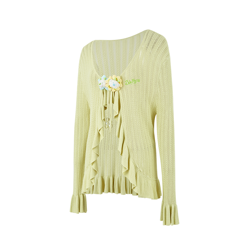 13DE MARZO Floral Lines Hollow Cardigan Green