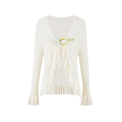 13DE MARZO Floral Lines Hollow Cardigan Beige