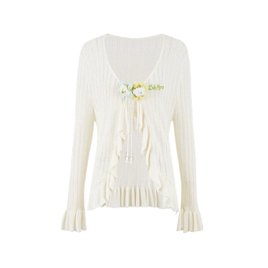 13DE MARZO Floral Lines Hollow Cardigan Beige