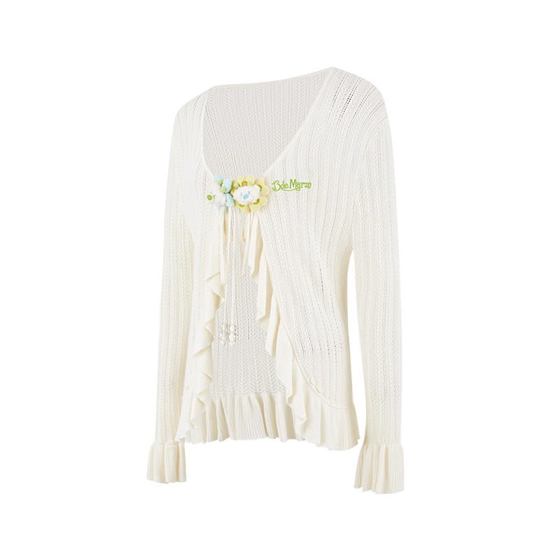 13DE MARZO Floral Lines Hollow Cardigan Beige