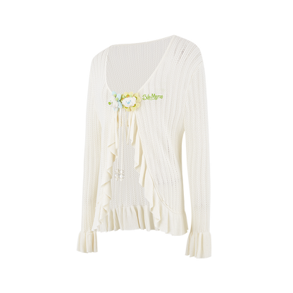 13DE MARZO Floral Lines Hollow Cardigan Beige