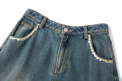 13DE MARZO Ripped Check Wide-Leg Trousers Blue