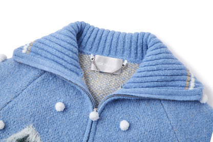13DE MARZO Snow Bear Jacquard Zip Knit Coat Blue