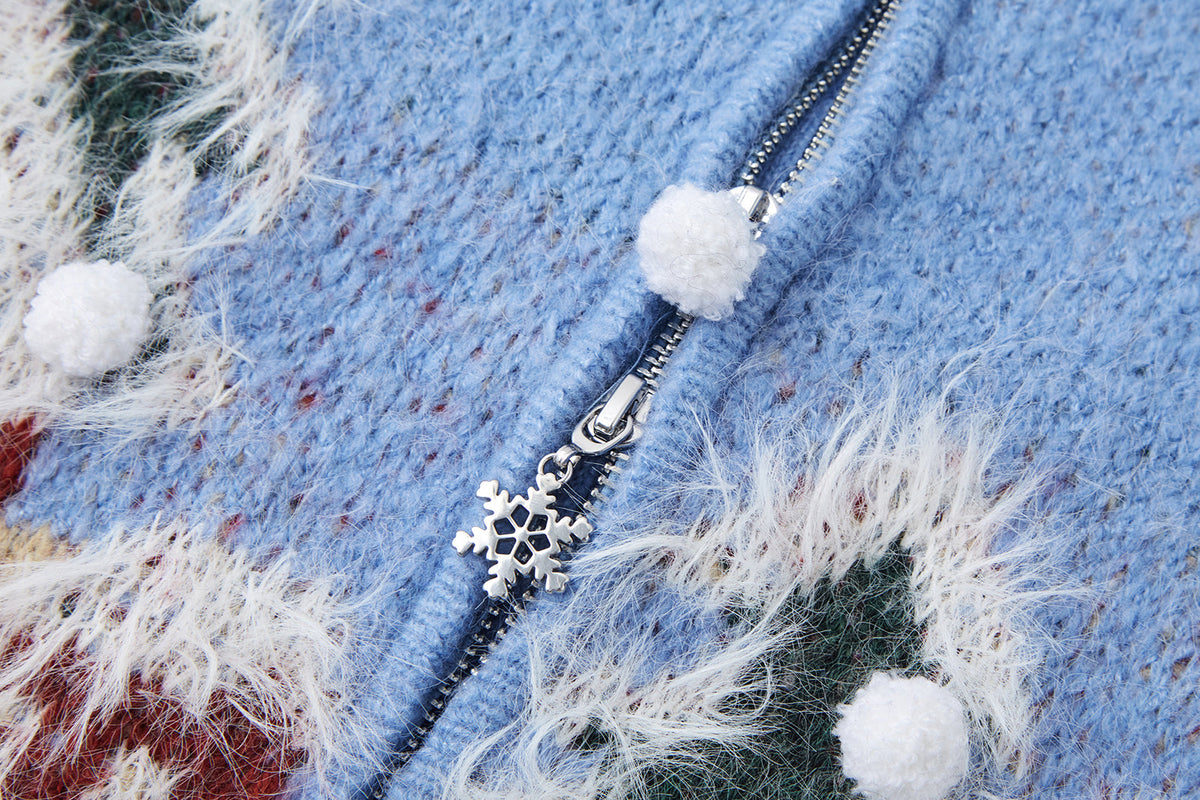 13DE MARZO Snow Bear Jacquard Zip Knit Coat Blue