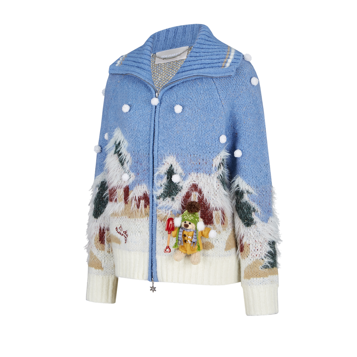 13DE MARZO Snow Bear Jacquard Zip Knit Coat Blue