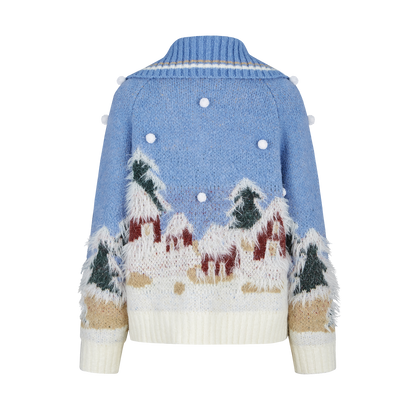 13DE MARZO Snow Bear Jacquard Zip Knit Coat Blue