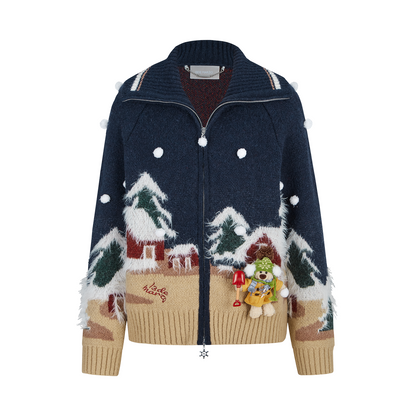 13DE MARZO Snow Bear Jacquard Zip Knit Coat Navy Blue
