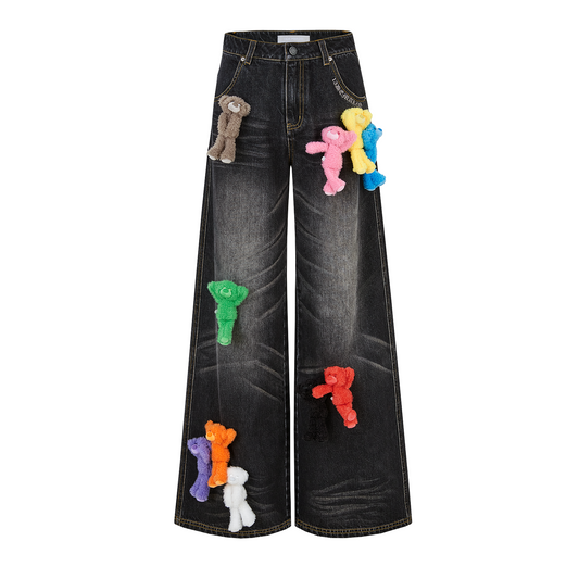 13DE MARZO Colorful All-Over Bear Print Jeans Black