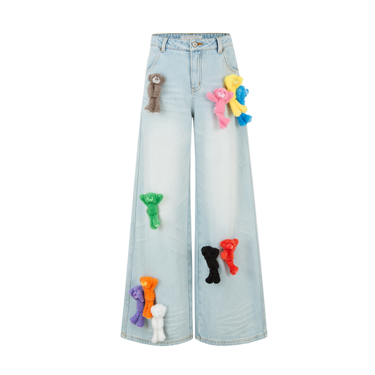 13DE MARZO Colorful All-Over Bear Print Jeans Blue