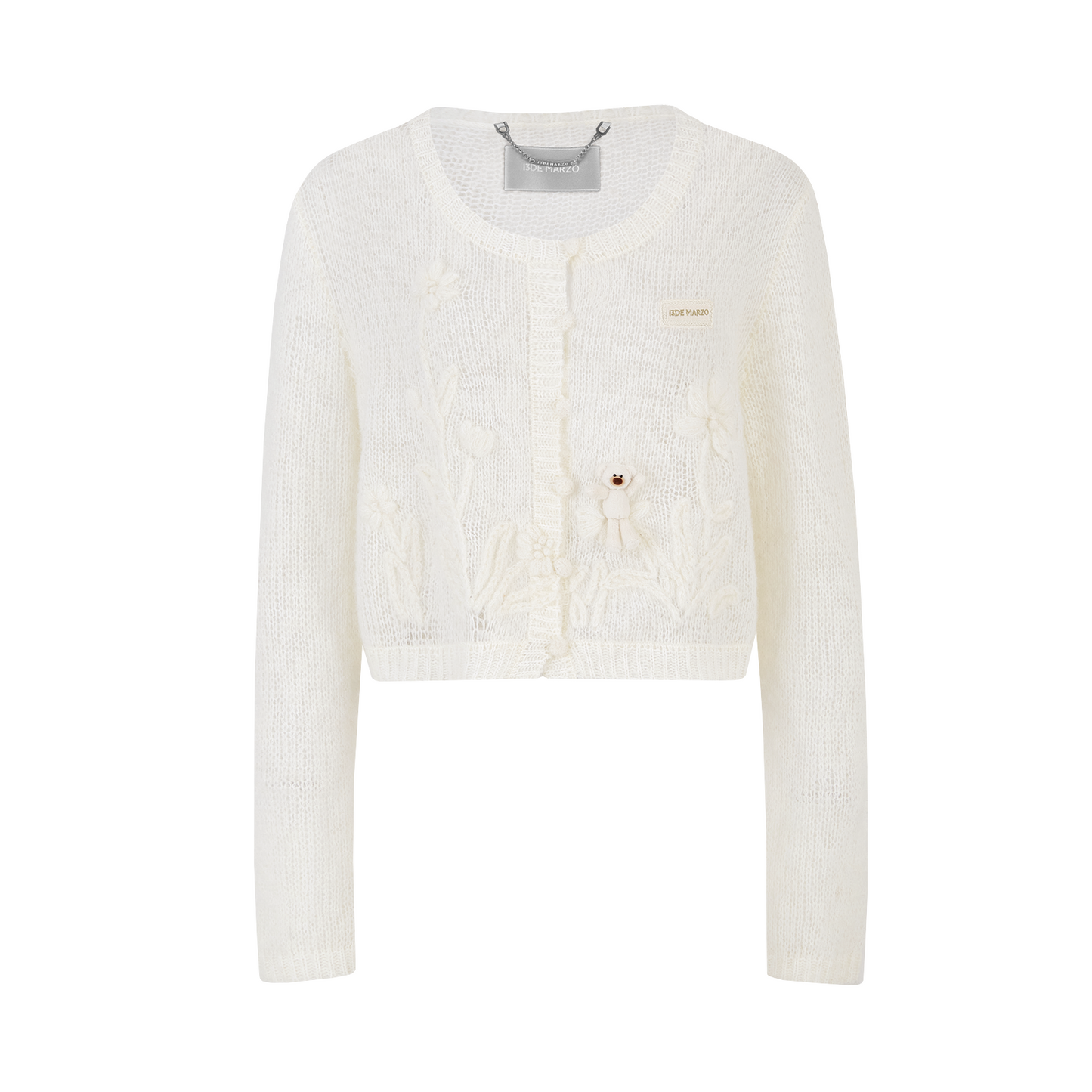 13DE MARZO Floral Bear Print Lazy Style Knitted Cardigan White