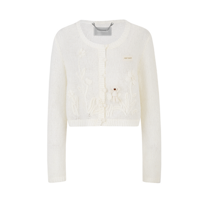 13DE MARZO Floral Bear Print Lazy Style Knitted Cardigan White