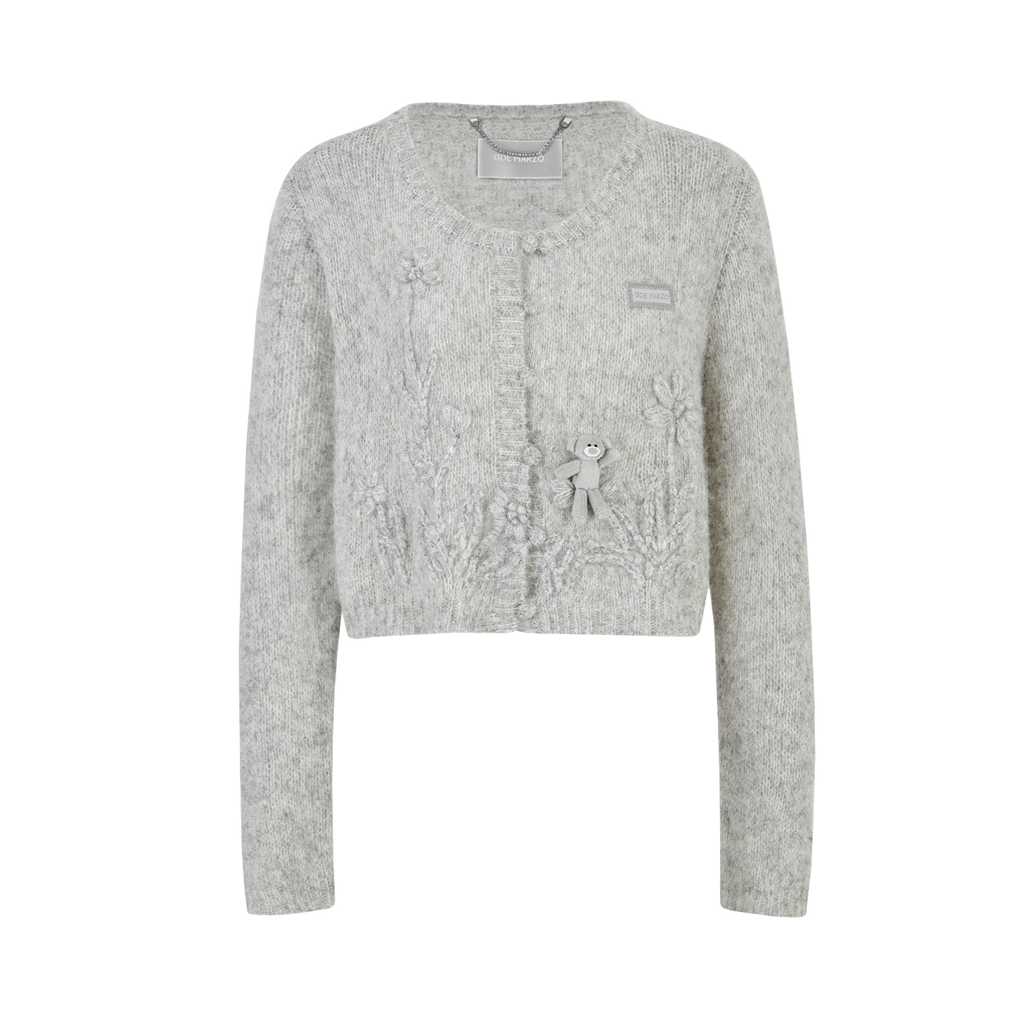 13DE MARZO Floral Bear Print Lazy Style Knitted Cardigan Grey