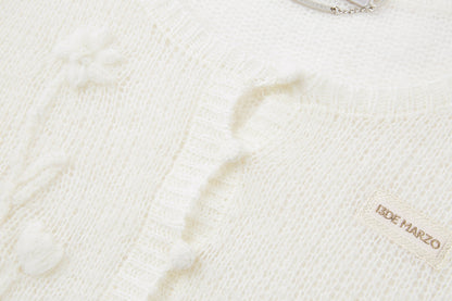 13DE MARZO Floral Bear Print Lazy Style Knitted Cardigan White