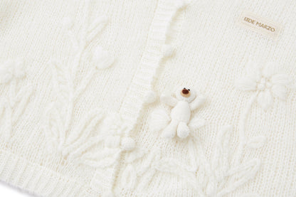13DE MARZO Floral Bear Print Lazy Style Knitted Cardigan White