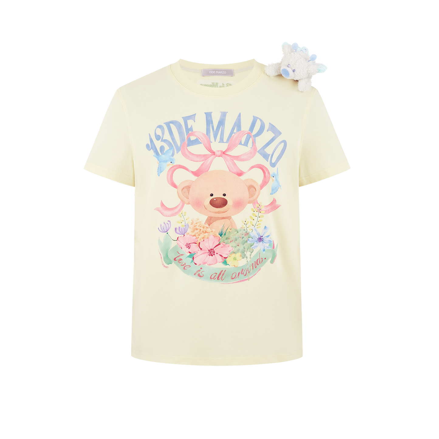13DE MARZO Floral Bear Illustration T-Shirt Yellow
