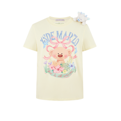 13DE MARZO Floral Bear Illustration T-Shirt Yellow
