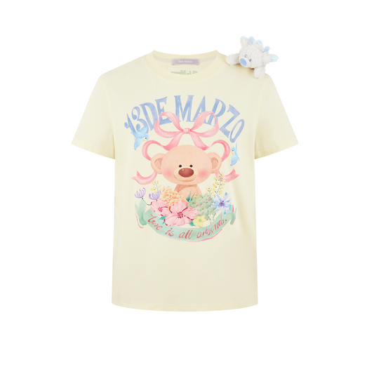 13DE MARZO Floral Bear Illustration T-Shirt Yellow