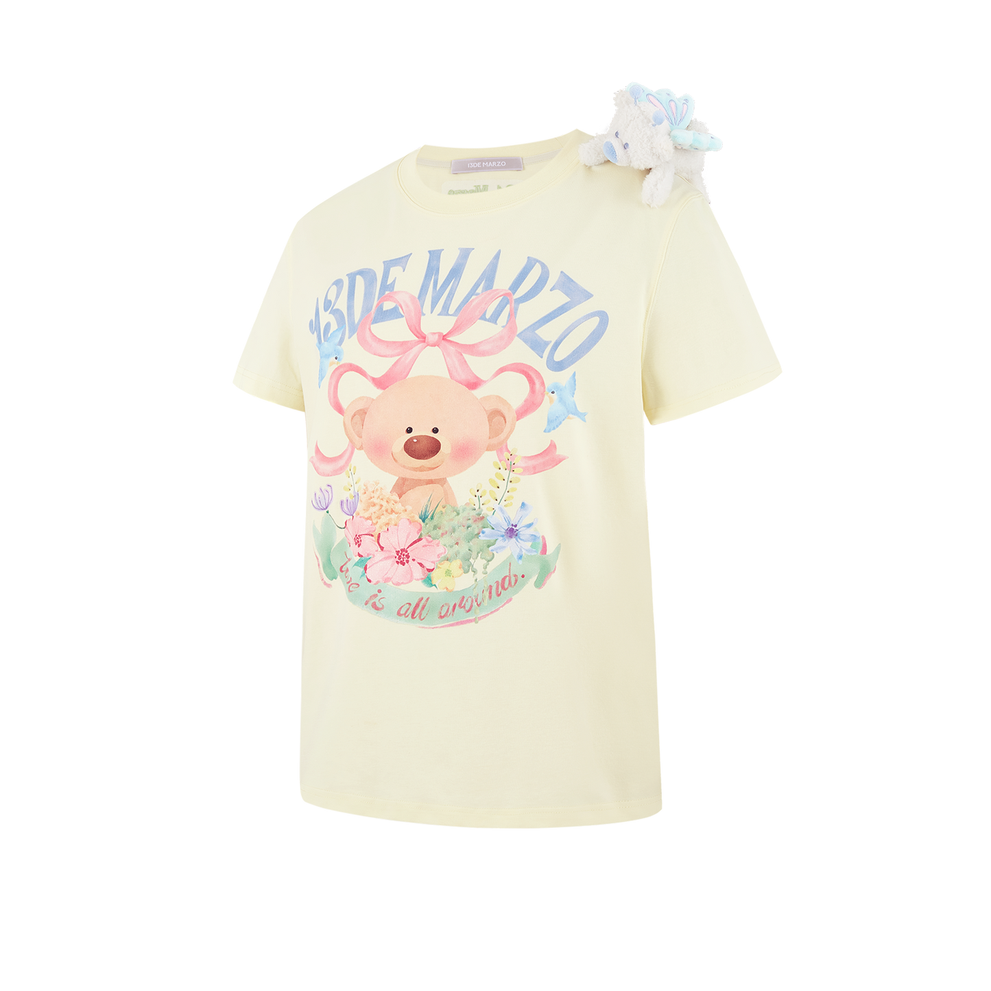 13DE MARZO Floral Bear Illustration T-Shirt Yellow