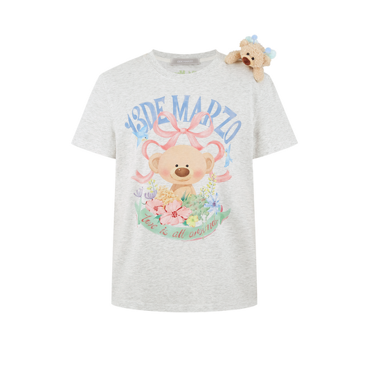 13DE MARZO Floral Bear Illustration T-Shirt Grey
