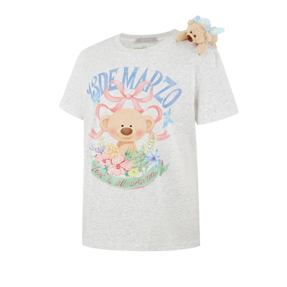 13DE MARZO Floral Bear Illustration T-Shirt Grey