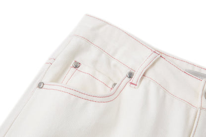 13DE MARZO Floral Bear Pocket Print Jeans White