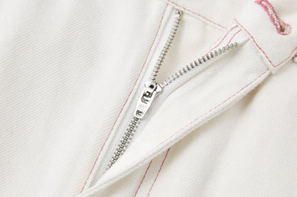 13DE MARZO Floral Bear Pocket Print Jeans White