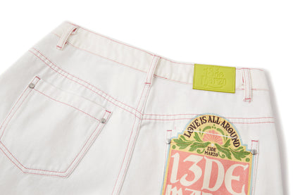 13DE MARZO Floral Bear Pocket Print Jeans White