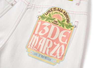 13DE MARZO Floral Bear Pocket Print Jeans White