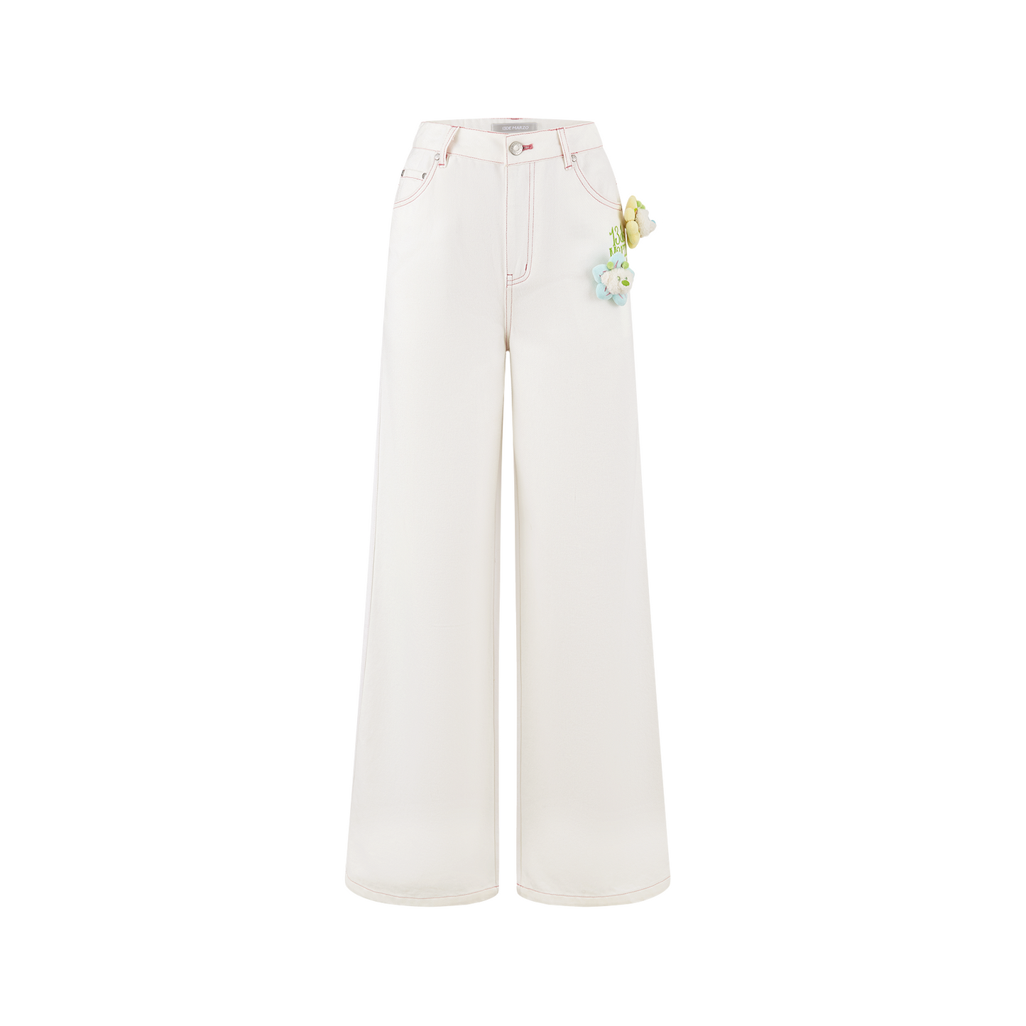 13DE MARZO Floral Bear Pocket Print Jeans White