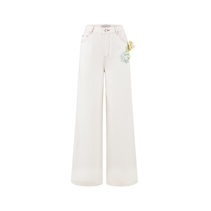13DE MARZO Floral Bear Pocket Print Jeans White