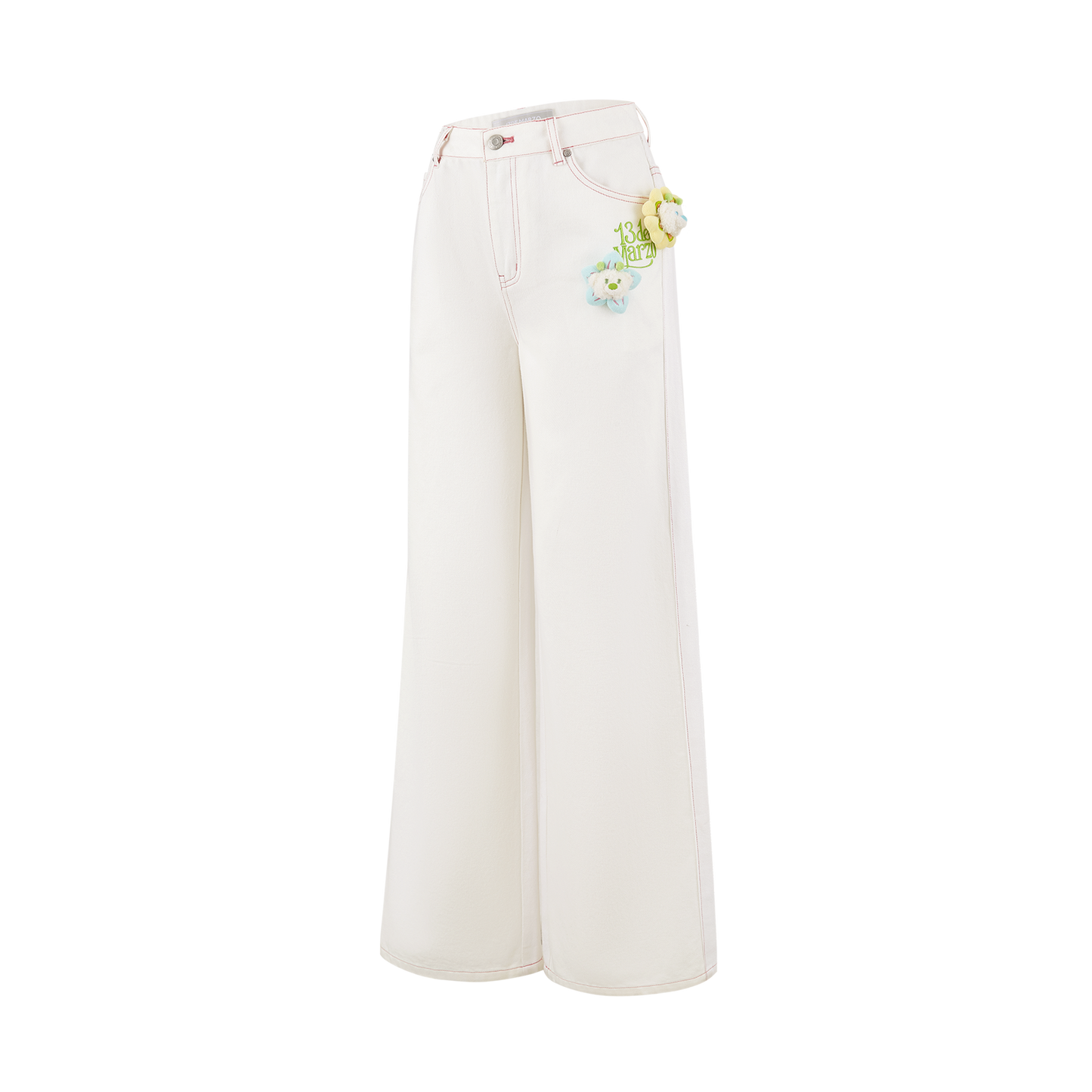 13DE MARZO Floral Bear Pocket Print Jeans White