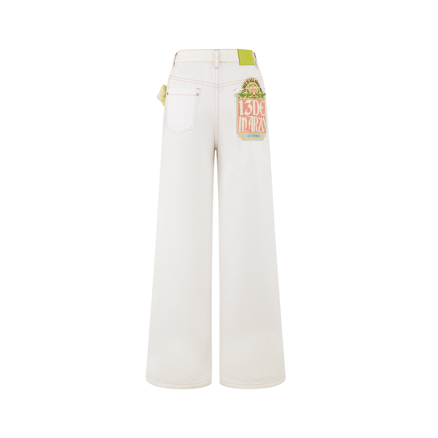 13DE MARZO Floral Bear Pocket Print Jeans White