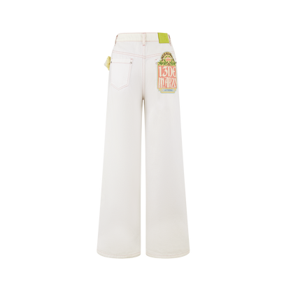 13DE MARZO Floral Bear Pocket Print Jeans White