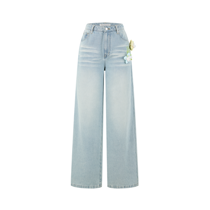 13DE MARZO Floral Bear Pocket Print Jeans Blue
