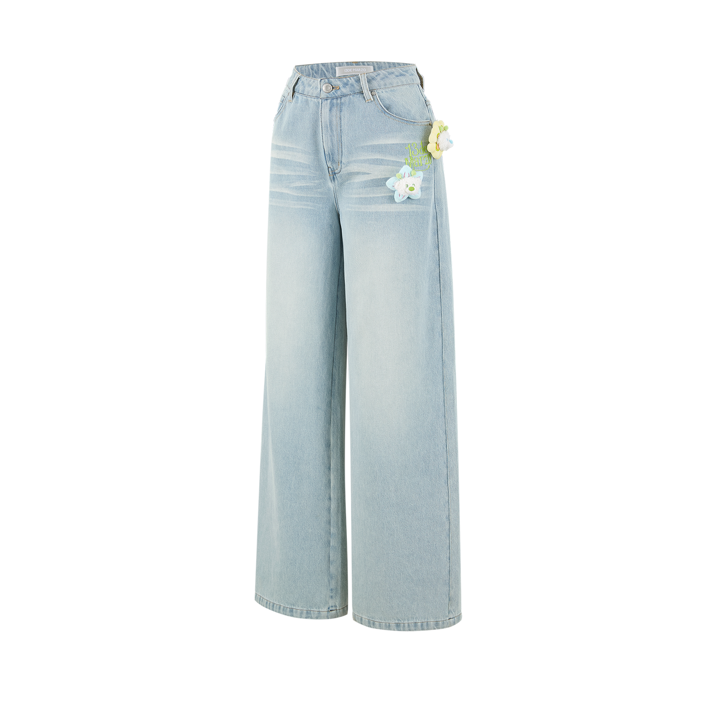 13DE MARZO Floral Bear Pocket Print Jeans Blue