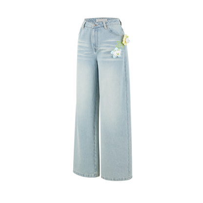 13DE MARZO Floral Bear Pocket Print Jeans Blue